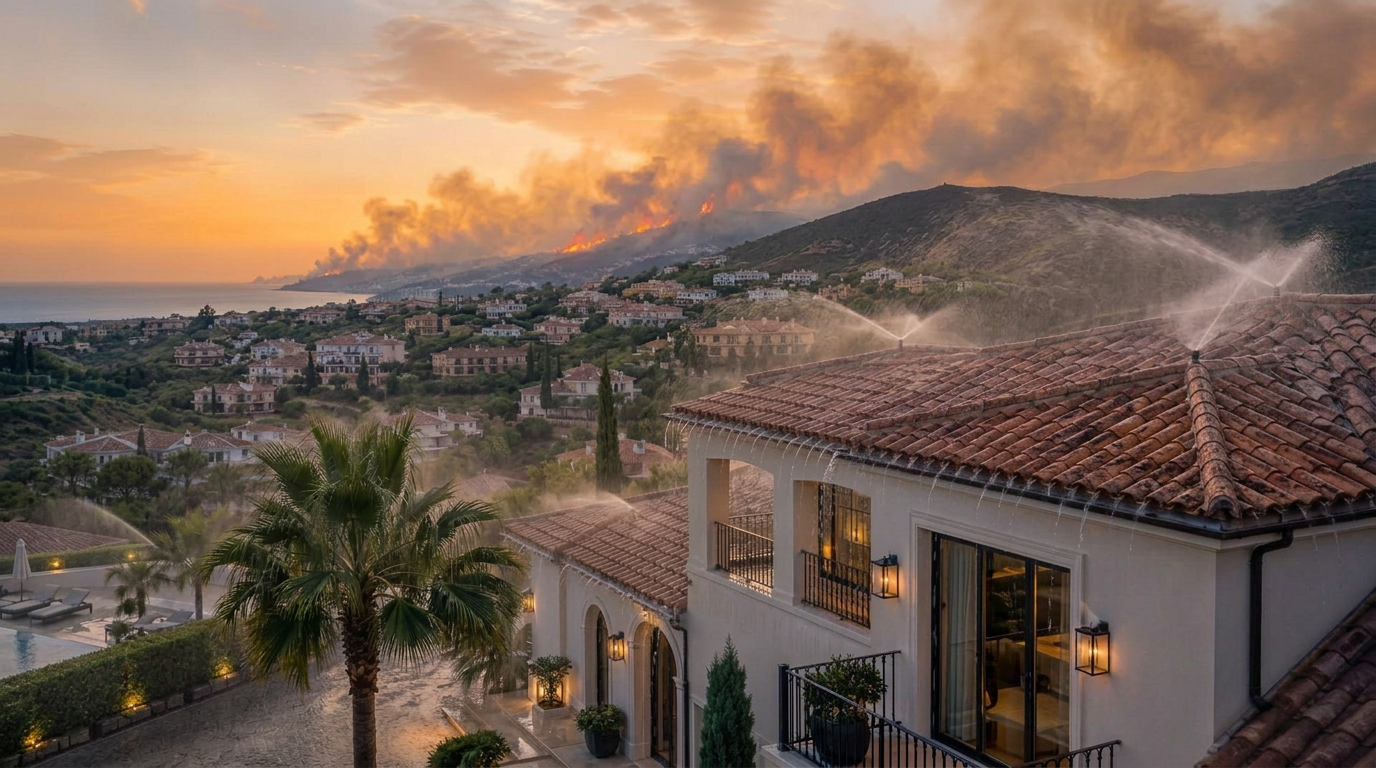 Luxury villa protected by the FireShield roof sprinkler system with a wildfire visible on a distant hillside